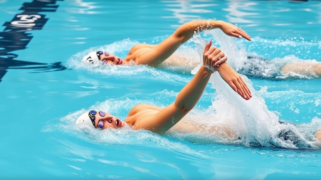 자유형 롤링 동작 시 어깨의 회전과 팔의 궤적을 측면에서 포착하여 유선형 자세를 최적화하는 드릴 시연 이미지